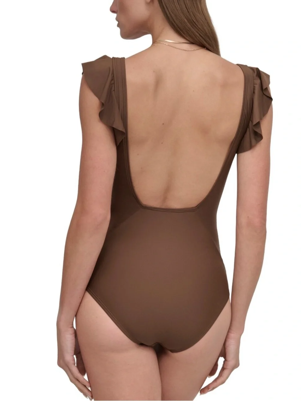 NWT DKNY Ruffle Plunge Underwire Tummy Control One Piece Swimsuit Mocha - Picture 2 of 8